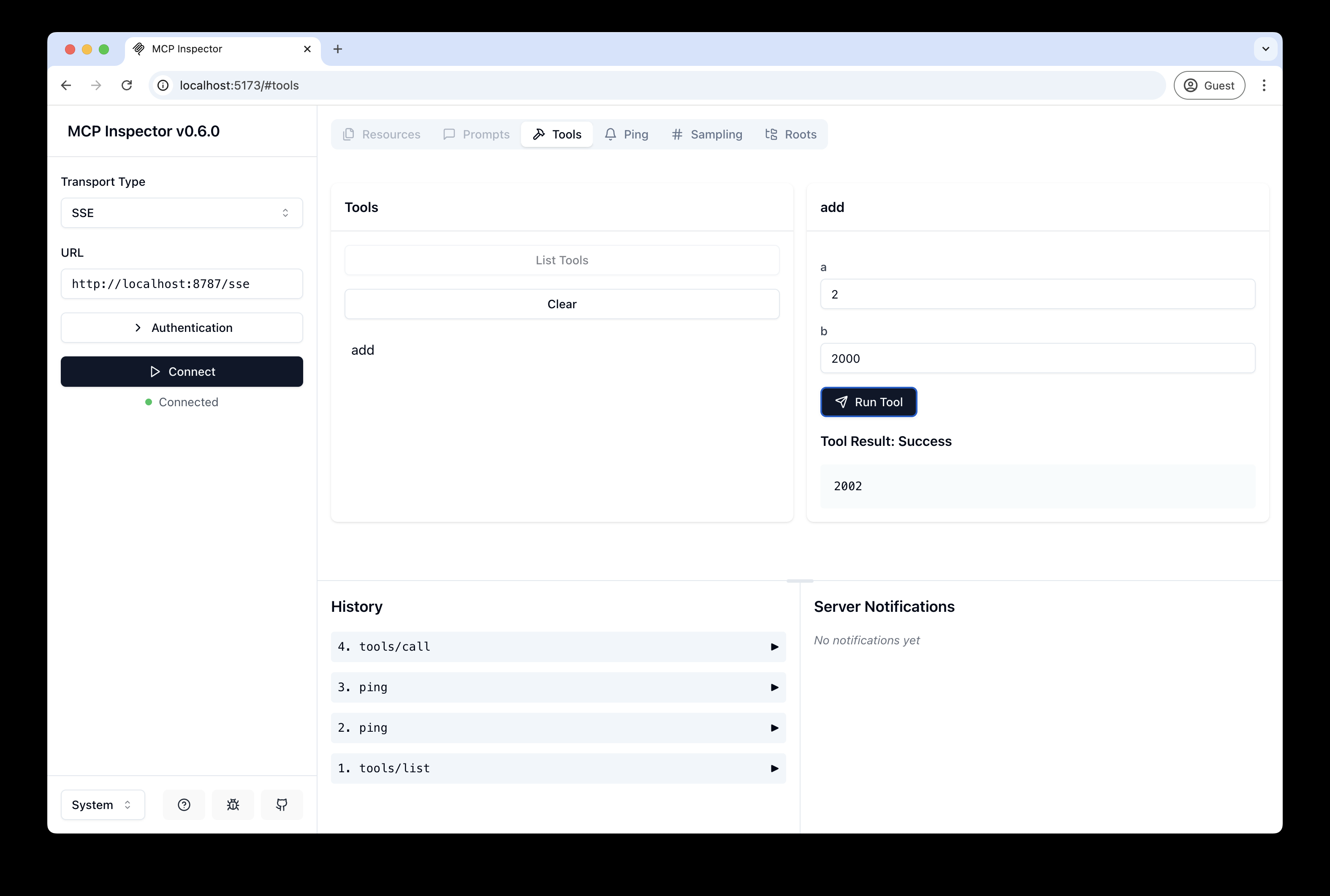 MCP Inspector with after a tool call